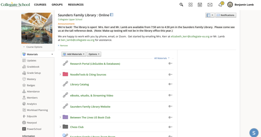 Clickable screenshot of the Schoology landing page for Saunders Family Library Online 